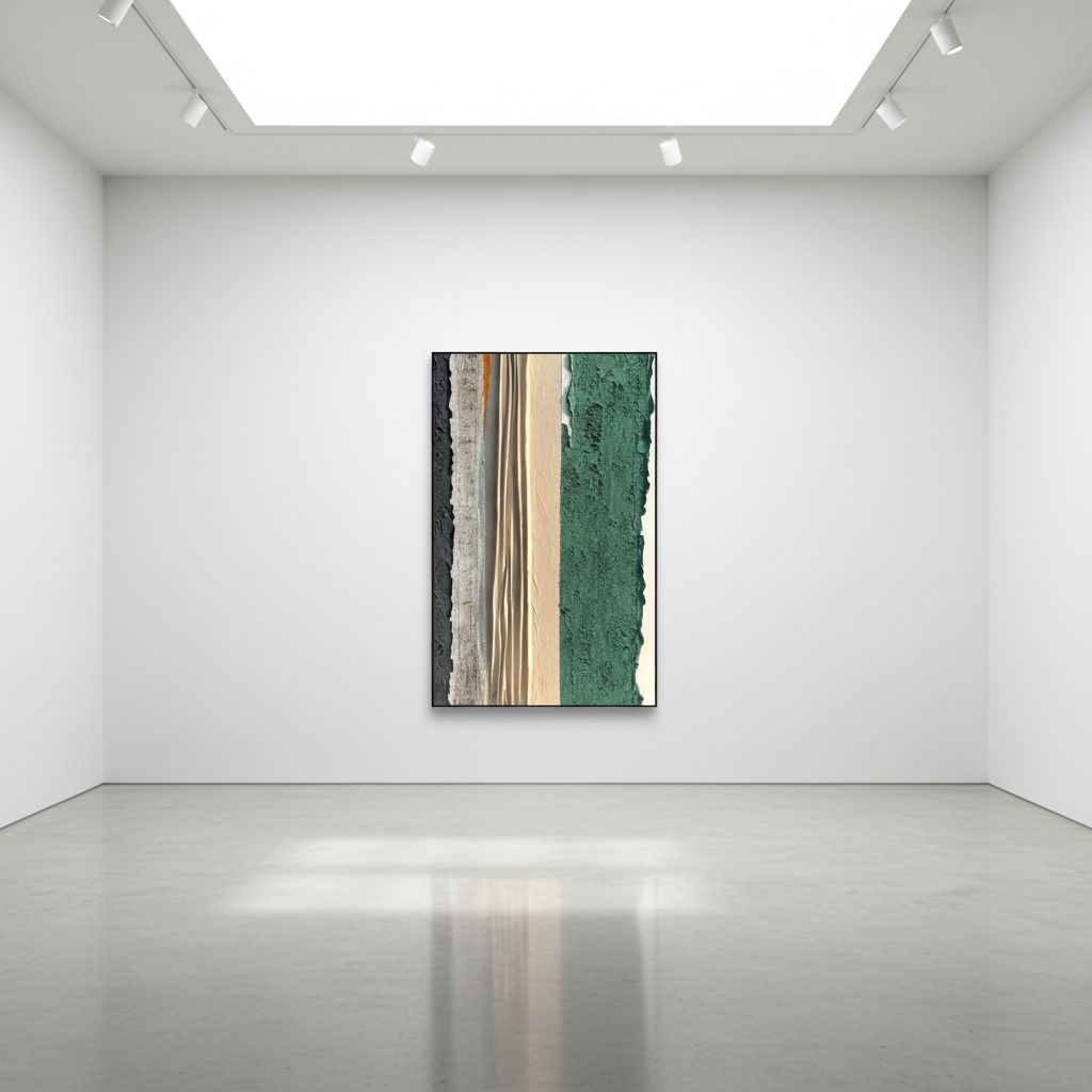 Abstract vertical stripe oil painting in an art gallery