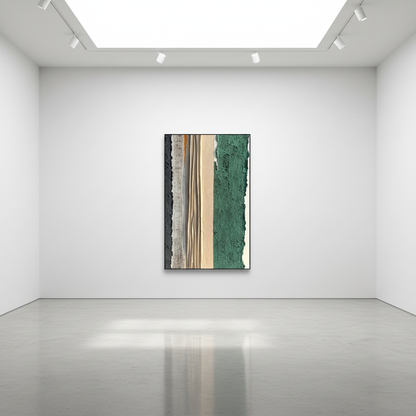 Abstract vertical stripe oil painting in an art gallery