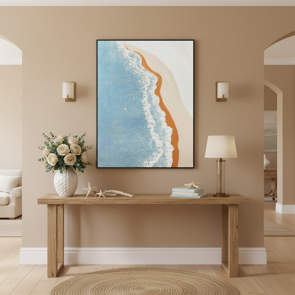 Aerial beach oil painting in an entryway foyer