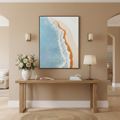 Aerial beach oil painting in an entryway foyer
