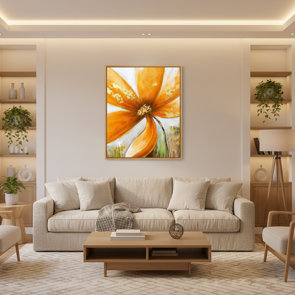 Golden orange flower gold accent oil painting in a warm modern living room