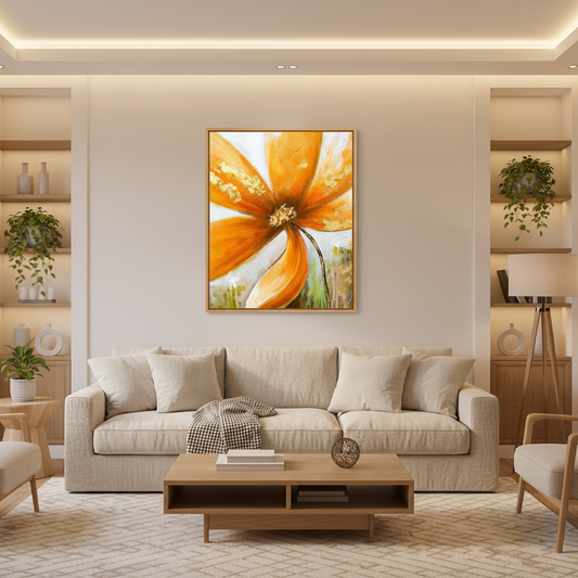 Golden orange flower gold accent oil painting in a warm modern living room