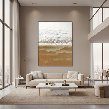 Abstract white sandy gold desert dune oil painting in a luxury modern living room