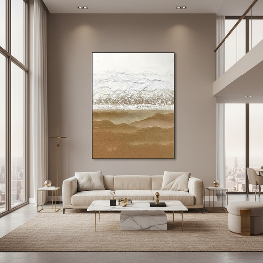 Abstract white sandy gold desert dune oil painting in a luxury modern living room