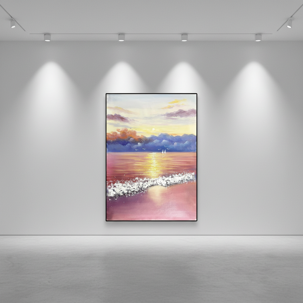 Dramatic sunset seascape oil painting in an art gallery