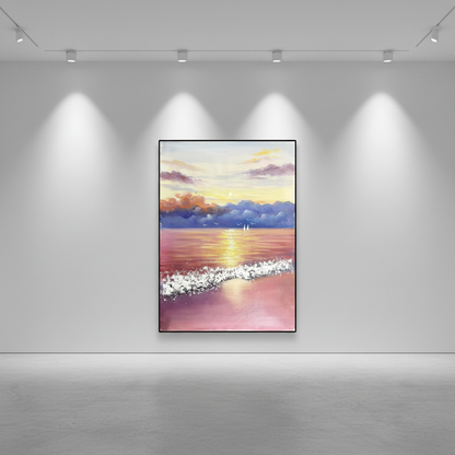 Dramatic sunset seascape oil painting in an art gallery