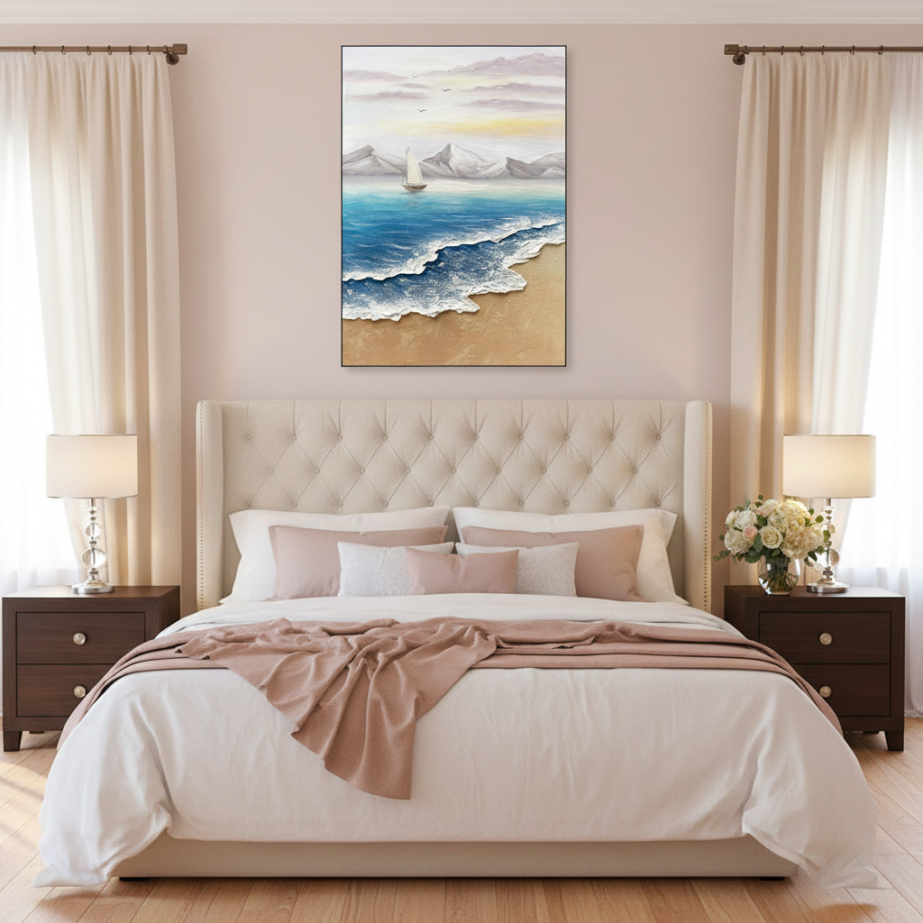 Sailboat seascape oil painting in a romantic master bedroom