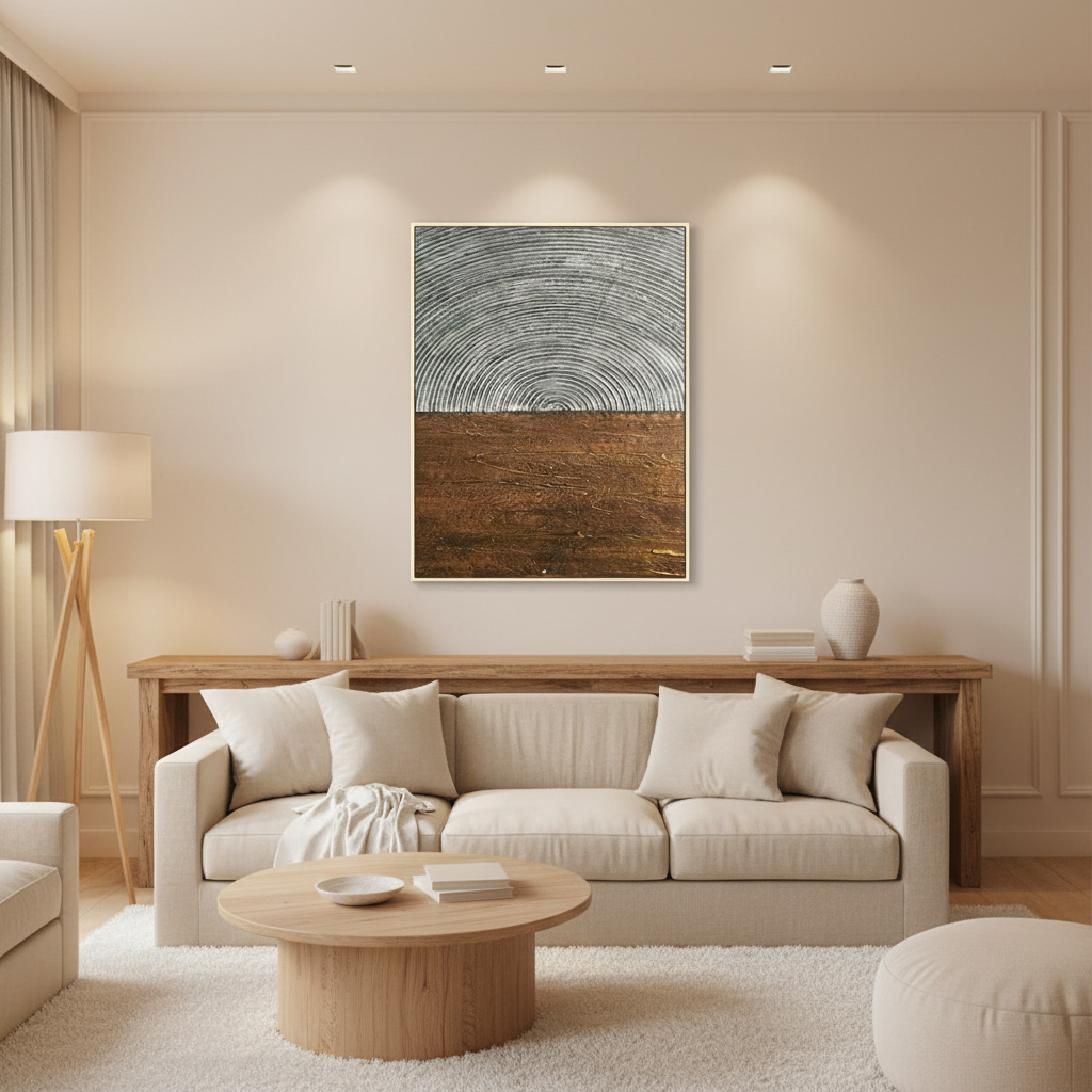 Abstract silver grey dome copper brown earth oil painting in a warm modern living room