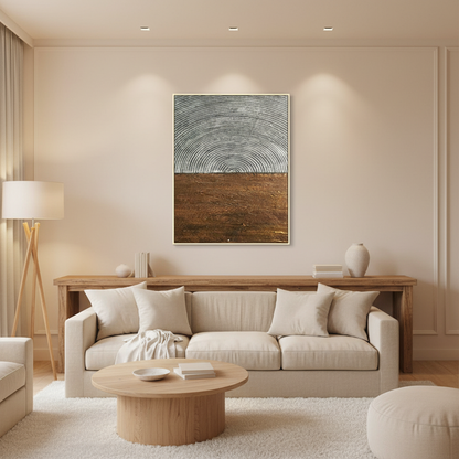 Abstract silver grey dome copper brown earth oil painting in a warm modern living room