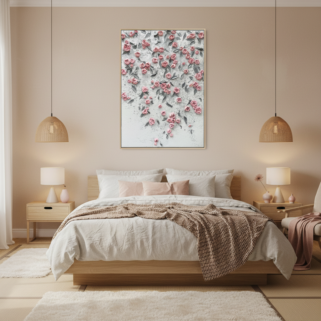 Pink rose floral wall oil painting in a Japandi bedroom