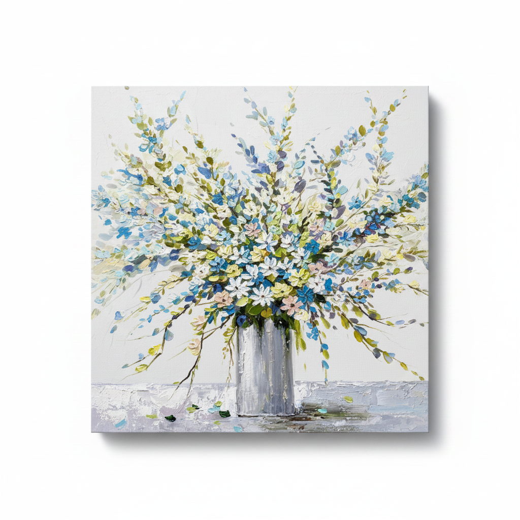 Blue white wildflower bouquet vase impasto oil painting no frame white background