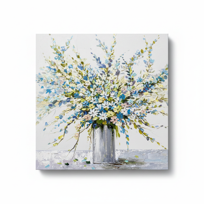 Blue white wildflower bouquet vase impasto oil painting no frame white background