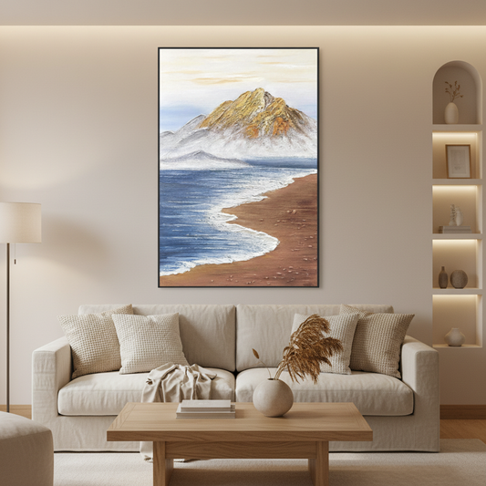 Coastal mountain bay oil painting in a warm modern living room