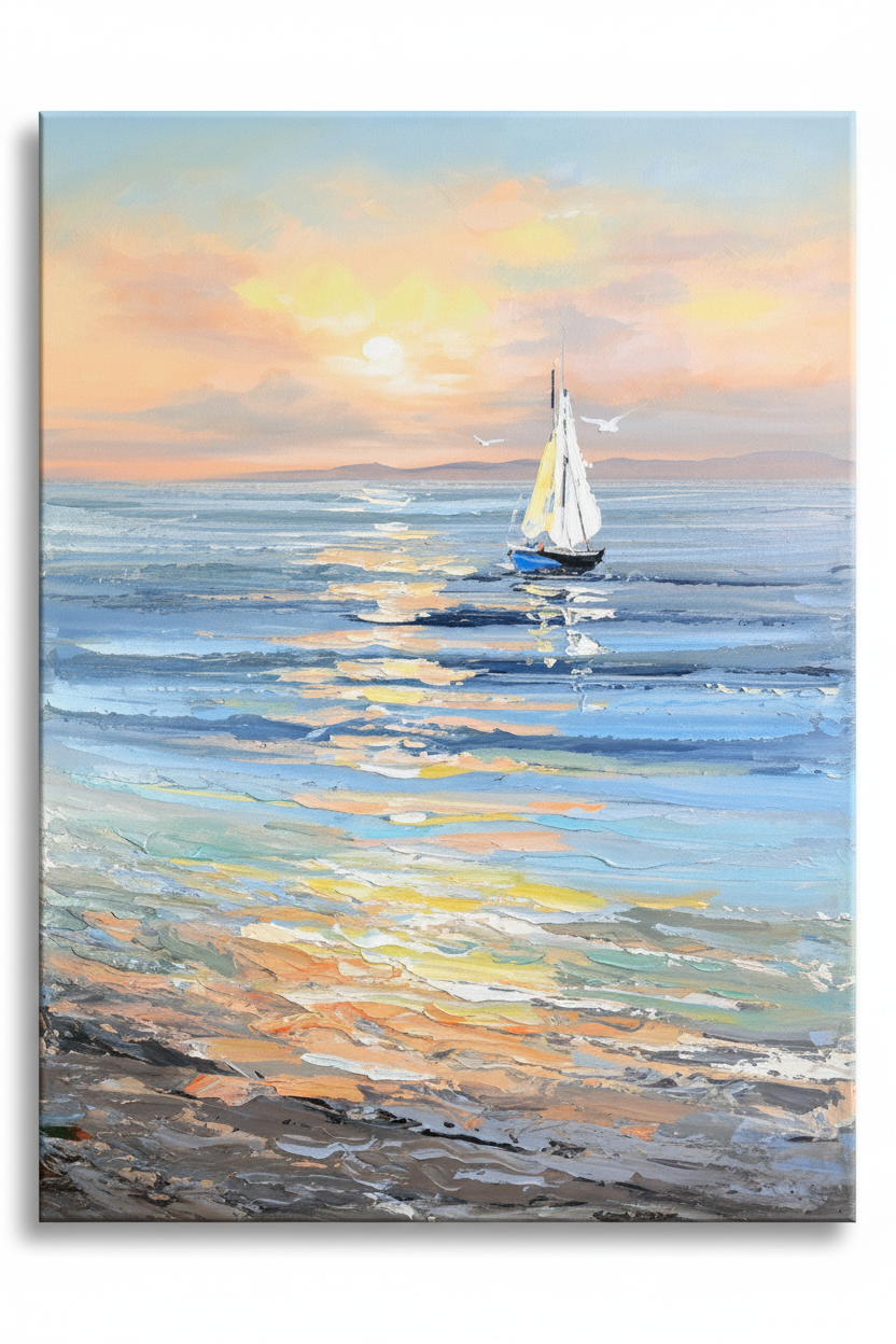 Sunrise sailboat seascape impasto oil painting no frame white background