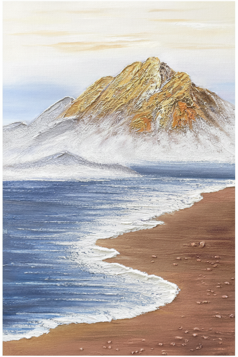 Coastal mountain bay impasto oil painting no frame white background