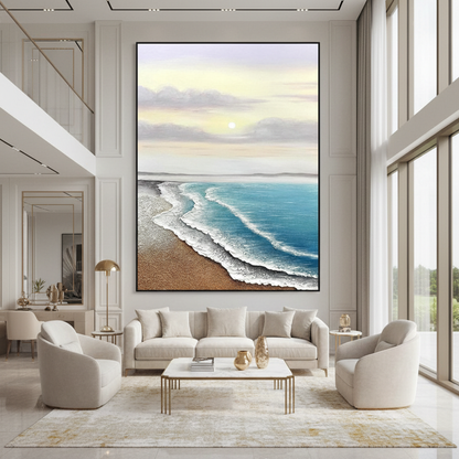 Sunrise beach oil painting in a luxury modern living room