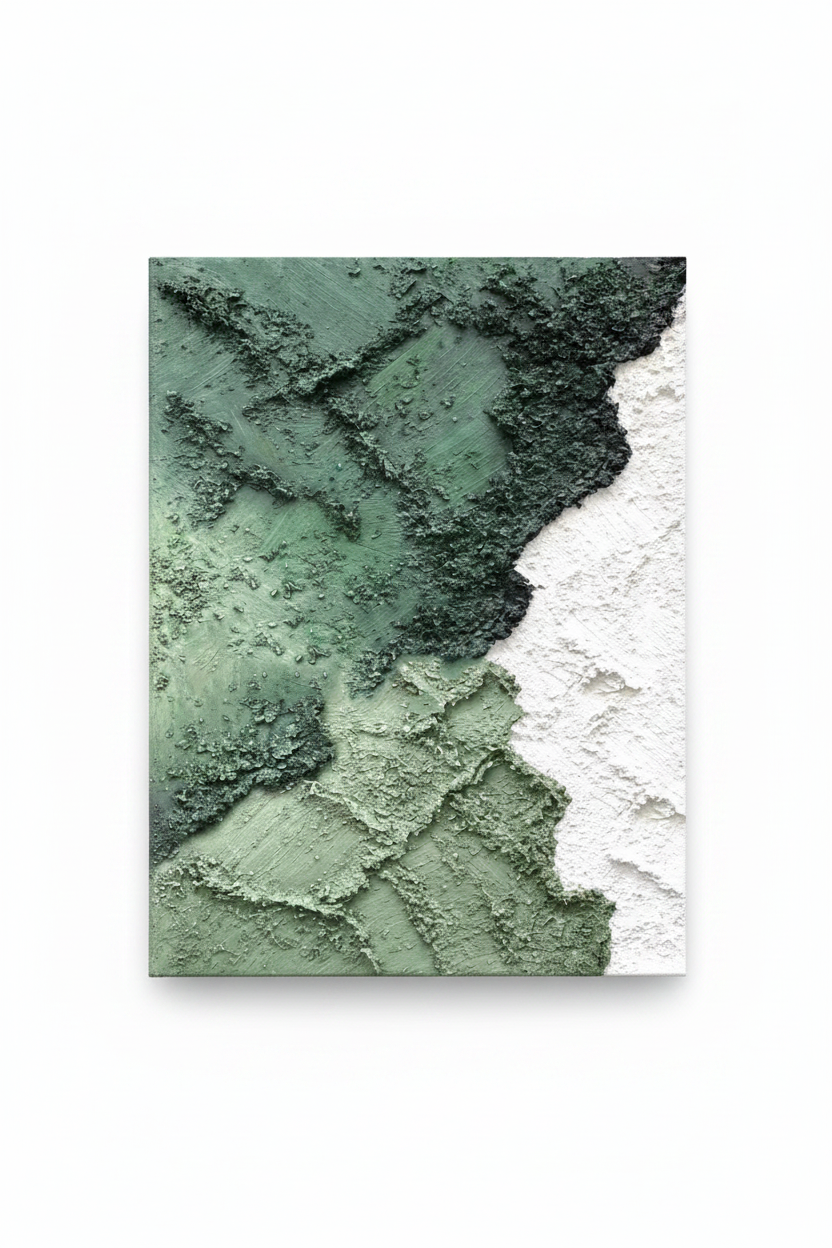 Abstract forest green white cliff impasto oil painting no frame white background