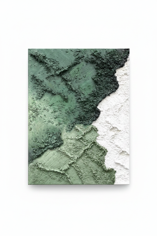 Abstract forest green white cliff impasto oil painting no frame white background