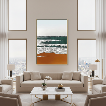 Abstract green white wave oil painting in a luxury modern living room