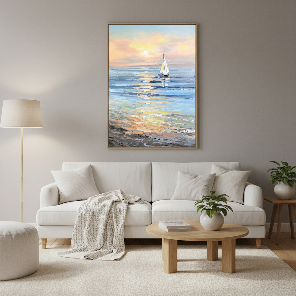 Sunrise sailboat seascape oil painting in a Scandinavian living room