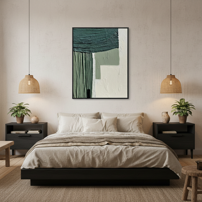 Abstract geometric green white oil painting in a Japandi bedroom