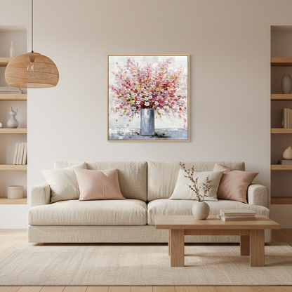 Pink cherry blossom vase oil painting in a Japandi living room