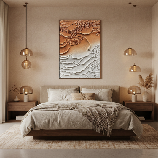 Abstract terracotta orange white cloud dune oil painting in a Japandi bedroom