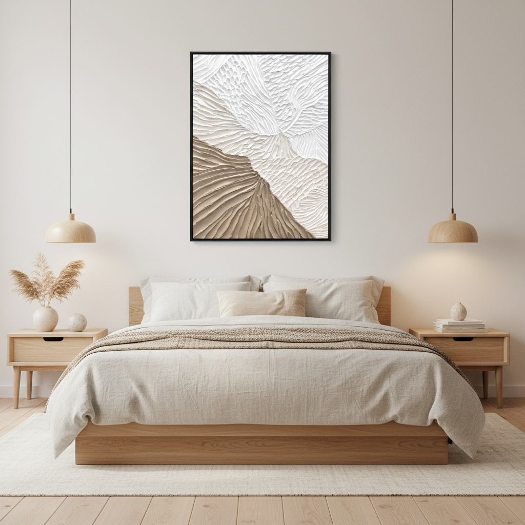 Abstract white sandy beige wave texture oil painting in a Japandi bedroom