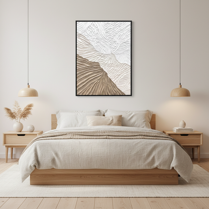 Abstract white sandy beige wave texture oil painting in a Japandi bedroom