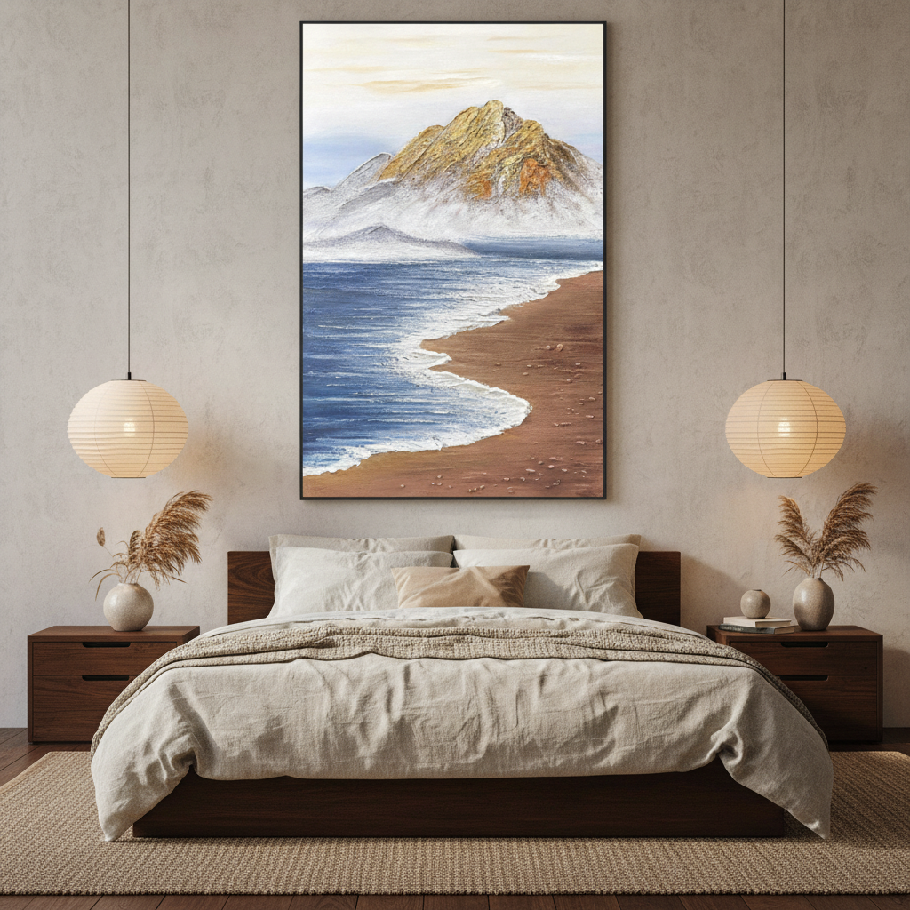 Coastal mountain bay oil painting in a Japandi bedroom
