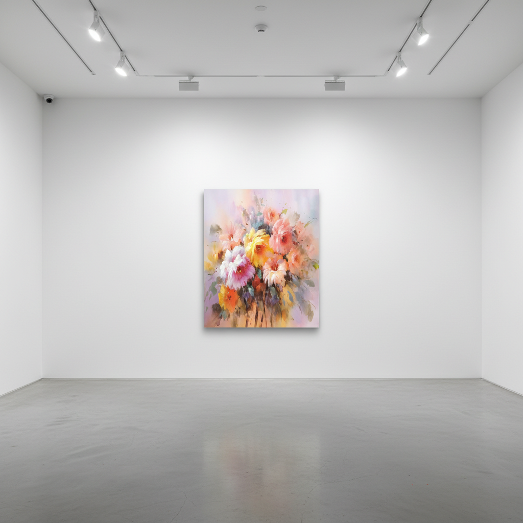 Soft impressionist mixed flower bouquet oil painting in an art gallery