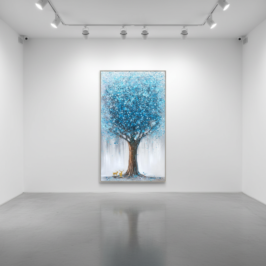 Fantasy blue teal crystal tree oil painting in an art gallery