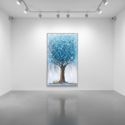 Fantasy blue teal crystal tree oil painting in an art gallery