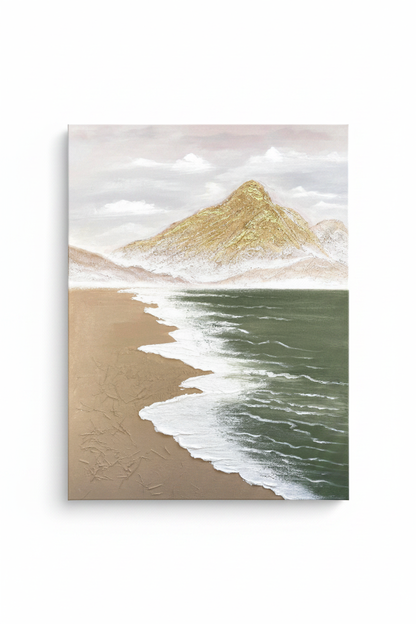 Serene coastal mountain impasto oil painting no frame white background
