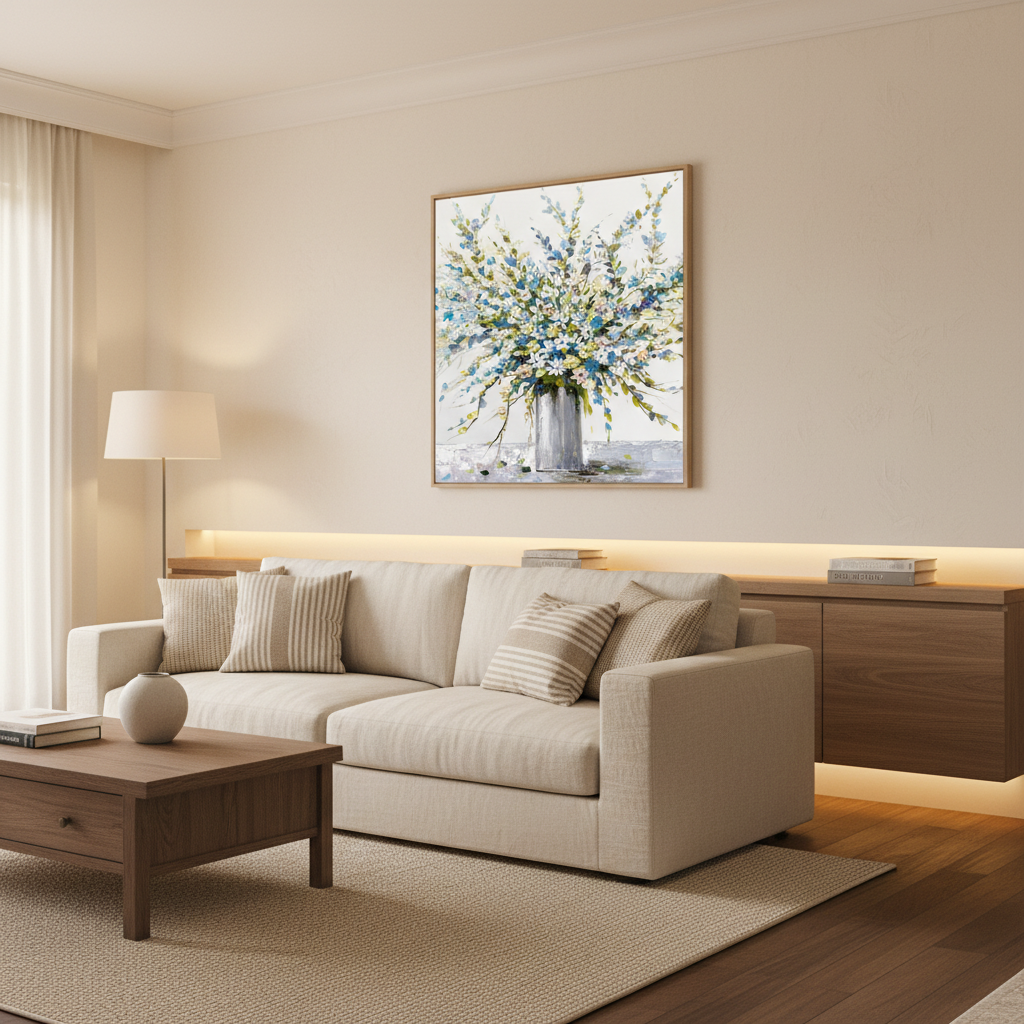 Blue white wildflower bouquet vase oil painting in a warm modern living room