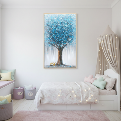 Fantasy blue teal crystal tree oil painting in a children's bedroom