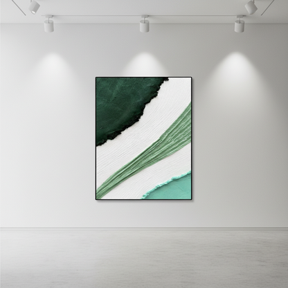 Abstract green sage mint arc oil painting in an art gallery
