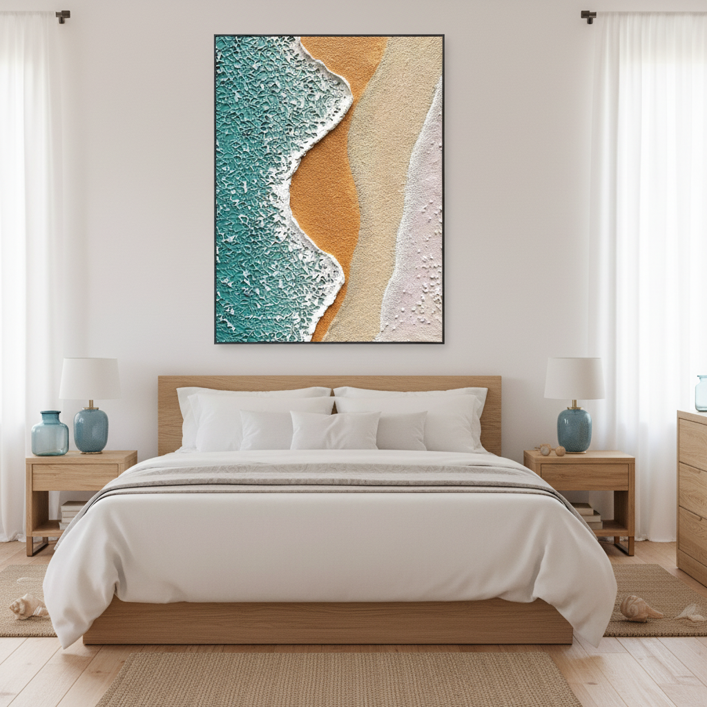Dual wave beach oil painting in a coastal bedroom
