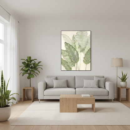 Soft mint sage green tropical leaf oil painting in a Scandinavian living room