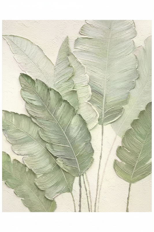 Soft mint sage green tropical leaf fan impasto oil painting no frame white background
