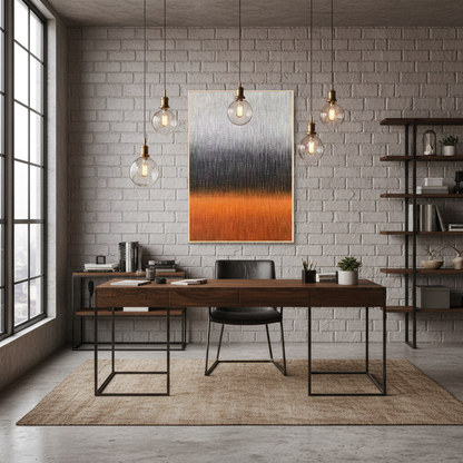Abstract silver grey orange red storm fire oil painting in a contemporary home office