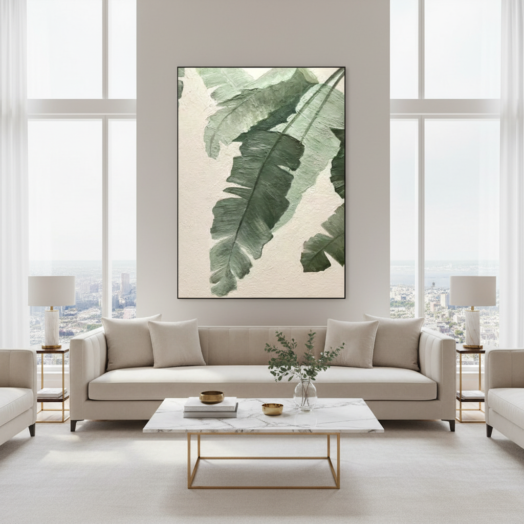 Dark forest green banana leaf oil painting in a luxury modern living room