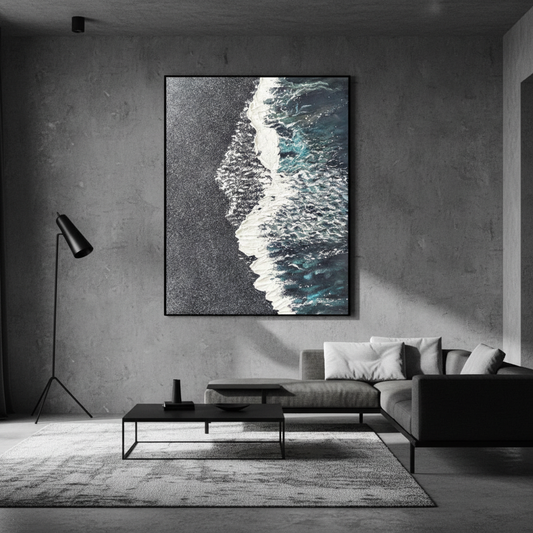Black sand beach oil painting in a modern minimalist living room