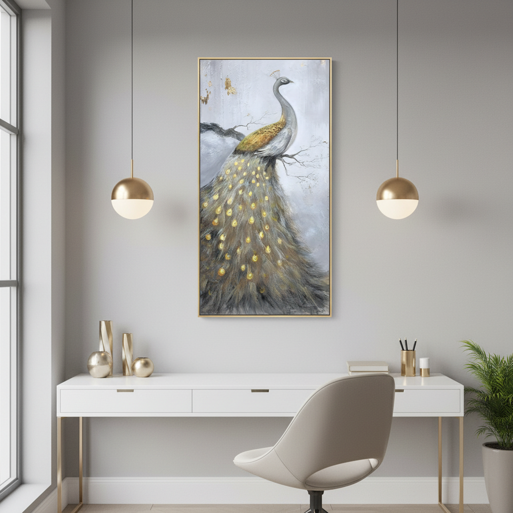 White silver gold peacock oil painting in a contemporary home office