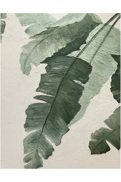 Dark forest green banana leaf close-up impasto oil painting no frame white background