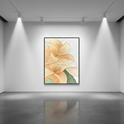 Champagne peach lily oil painting in an art gallery