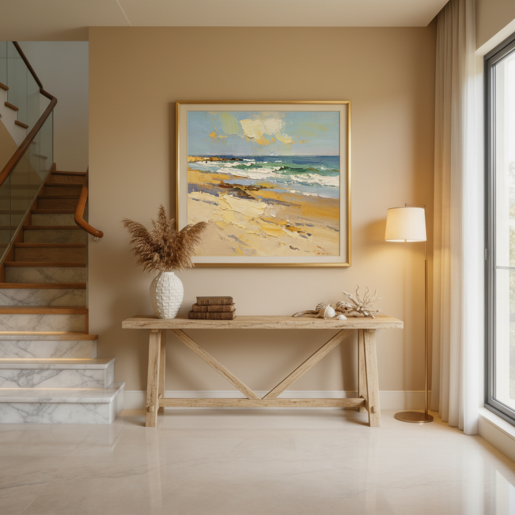 Beach seascape oil painting in an entryway foyer