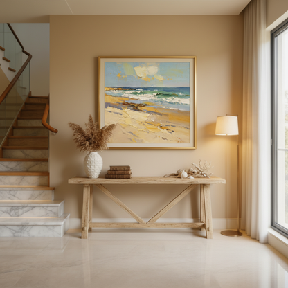 Beach seascape oil painting in an entryway foyer