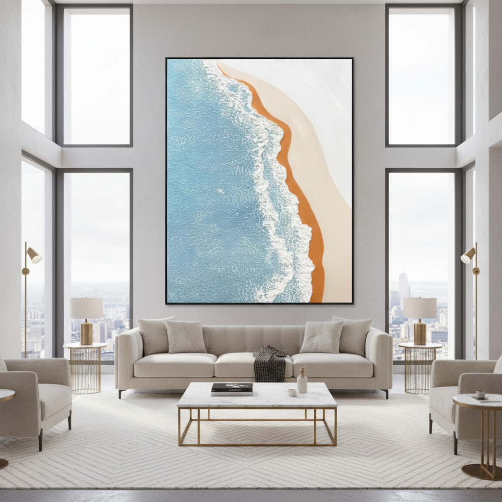 Aerial beach oil painting in a luxury modern living room