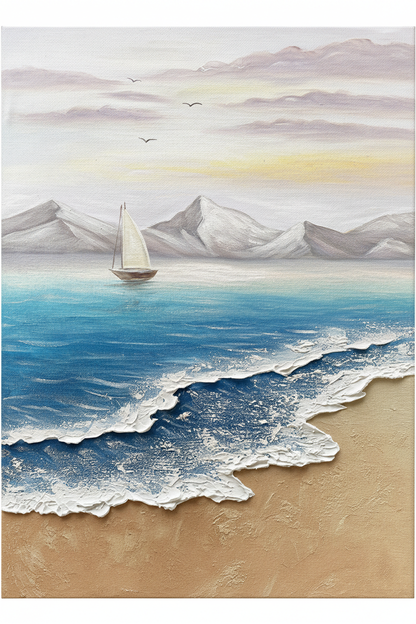 Sailboat seascape impasto oil painting no frame white background